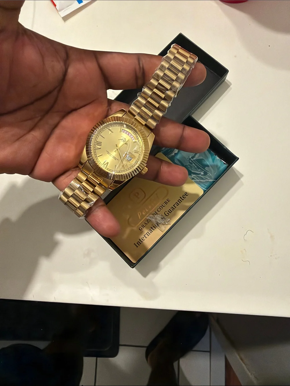 Gold-tone Pelvini day-date watch with box, excellent condition